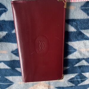 Cartier Burgundy Calf Leather Long Wallet with Gold Corner Accents